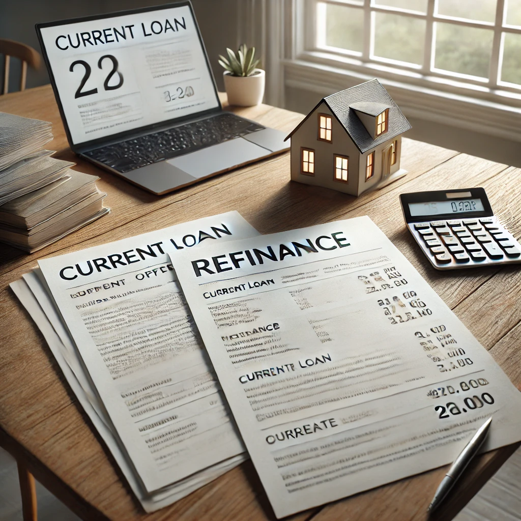 Calculator and documents on a desk — decide whether to refinance